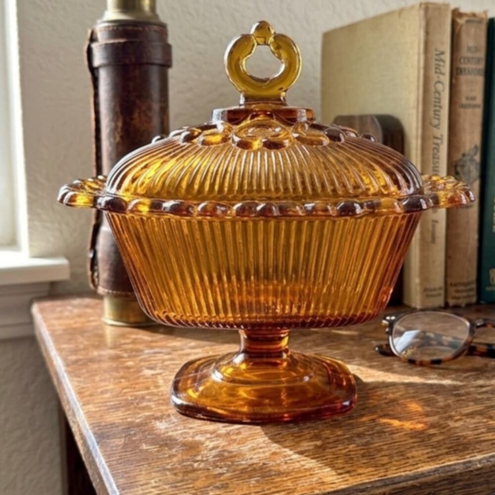 Indiana Glass Amber Pedestal Candy Dish Ribbed Lace Edge Mid-Century